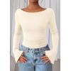 imagePRETTYGARDEN Womens Long Sleeve Shirts 2026 Spring Crop Going Out Tops Casual Boat Neck Bell Sleeve Ribbed Ruched Y2K ClothesBeige