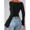 imagePRETTYGARDEN Womens Long Sleeve Shirts 2026 Spring Crop Going Out Tops Casual Boat Neck Bell Sleeve Ribbed Ruched Y2K ClothesBlack