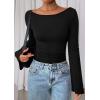 imagePRETTYGARDEN Womens Long Sleeve Shirts 2026 Spring Crop Going Out Tops Casual Boat Neck Bell Sleeve Ribbed Ruched Y2K ClothesBlack