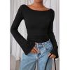 imagePRETTYGARDEN Womens Long Sleeve Shirts 2026 Spring Crop Going Out Tops Casual Boat Neck Bell Sleeve Ribbed Ruched Y2K ClothesBlack