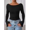 imagePRETTYGARDEN Womens Long Sleeve Shirts 2026 Spring Crop Going Out Tops Casual Boat Neck Bell Sleeve Ribbed Ruched Y2K ClothesBlack