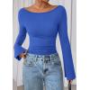 imagePRETTYGARDEN Womens Long Sleeve Shirts 2026 Spring Crop Going Out Tops Casual Boat Neck Bell Sleeve Ribbed Ruched Y2K ClothesBlue