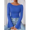 imagePRETTYGARDEN Womens Long Sleeve Shirts 2026 Spring Crop Going Out Tops Casual Boat Neck Bell Sleeve Ribbed Ruched Y2K ClothesBlue