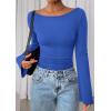 imagePRETTYGARDEN Womens Long Sleeve Shirts 2026 Spring Crop Going Out Tops Casual Boat Neck Bell Sleeve Ribbed Ruched Y2K ClothesBlue