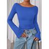 imagePRETTYGARDEN Womens Long Sleeve Shirts 2026 Spring Crop Going Out Tops Casual Boat Neck Bell Sleeve Ribbed Ruched Y2K ClothesBlue