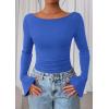 imagePRETTYGARDEN Womens Long Sleeve Shirts 2026 Spring Crop Going Out Tops Casual Boat Neck Bell Sleeve Ribbed Ruched Y2K ClothesBlue