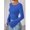 imagePRETTYGARDEN Womens Long Sleeve Shirts 2026 Spring Crop Going Out Tops Casual Boat Neck Bell Sleeve Ribbed Ruched Y2K ClothesBlue