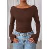 imagePRETTYGARDEN Womens Long Sleeve Shirts 2026 Spring Crop Going Out Tops Casual Boat Neck Bell Sleeve Ribbed Ruched Y2K ClothesBrown