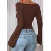imagePRETTYGARDEN Womens Long Sleeve Shirts 2026 Spring Crop Going Out Tops Casual Boat Neck Bell Sleeve Ribbed Ruched Y2K ClothesBrown