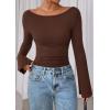 imagePRETTYGARDEN Womens Long Sleeve Shirts 2026 Spring Crop Going Out Tops Casual Boat Neck Bell Sleeve Ribbed Ruched Y2K ClothesBrown