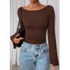 imagePRETTYGARDEN Womens Long Sleeve Shirts 2026 Spring Crop Going Out Tops Casual Boat Neck Bell Sleeve Ribbed Ruched Y2K ClothesBrown