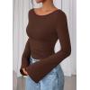 imagePRETTYGARDEN Womens Long Sleeve Shirts 2026 Spring Crop Going Out Tops Casual Boat Neck Bell Sleeve Ribbed Ruched Y2K ClothesBrown