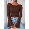 imagePRETTYGARDEN Womens Long Sleeve Shirts 2026 Spring Crop Going Out Tops Casual Boat Neck Bell Sleeve Ribbed Ruched Y2K ClothesBrown