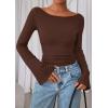 imagePRETTYGARDEN Womens Long Sleeve Shirts 2026 Spring Crop Going Out Tops Casual Boat Neck Bell Sleeve Ribbed Ruched Y2K ClothesBrown