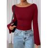imagePRETTYGARDEN Womens Long Sleeve Shirts 2026 Spring Crop Going Out Tops Casual Boat Neck Bell Sleeve Ribbed Ruched Y2K ClothesBurgundy
