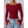 imagePRETTYGARDEN Womens Long Sleeve Shirts 2026 Spring Crop Going Out Tops Casual Boat Neck Bell Sleeve Ribbed Ruched Y2K ClothesBurgundy