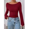 imagePRETTYGARDEN Womens Long Sleeve Shirts 2026 Spring Crop Going Out Tops Casual Boat Neck Bell Sleeve Ribbed Ruched Y2K ClothesBurgundy