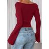 imagePRETTYGARDEN Womens Long Sleeve Shirts 2026 Spring Crop Going Out Tops Casual Boat Neck Bell Sleeve Ribbed Ruched Y2K ClothesBurgundy