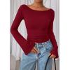 imagePRETTYGARDEN Womens Long Sleeve Shirts 2026 Spring Crop Going Out Tops Casual Boat Neck Bell Sleeve Ribbed Ruched Y2K ClothesBurgundy