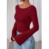 imagePRETTYGARDEN Womens Long Sleeve Shirts 2026 Spring Crop Going Out Tops Casual Boat Neck Bell Sleeve Ribbed Ruched Y2K ClothesBurgundy