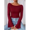 imagePRETTYGARDEN Womens Long Sleeve Shirts 2026 Spring Crop Going Out Tops Casual Boat Neck Bell Sleeve Ribbed Ruched Y2K ClothesBurgundy