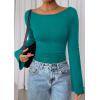 imagePRETTYGARDEN Womens Long Sleeve Shirts 2026 Spring Crop Going Out Tops Casual Boat Neck Bell Sleeve Ribbed Ruched Y2K ClothesDark Cyan