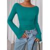 imagePRETTYGARDEN Womens Long Sleeve Shirts 2026 Spring Crop Going Out Tops Casual Boat Neck Bell Sleeve Ribbed Ruched Y2K ClothesDark Cyan