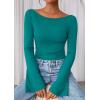 imagePRETTYGARDEN Womens Long Sleeve Shirts 2026 Spring Crop Going Out Tops Casual Boat Neck Bell Sleeve Ribbed Ruched Y2K ClothesDark Cyan