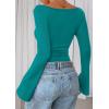 imagePRETTYGARDEN Womens Long Sleeve Shirts 2026 Spring Crop Going Out Tops Casual Boat Neck Bell Sleeve Ribbed Ruched Y2K ClothesDark Cyan