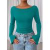 imagePRETTYGARDEN Womens Long Sleeve Shirts 2026 Spring Crop Going Out Tops Casual Boat Neck Bell Sleeve Ribbed Ruched Y2K ClothesDark Cyan