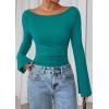 imagePRETTYGARDEN Womens Long Sleeve Shirts 2026 Spring Crop Going Out Tops Casual Boat Neck Bell Sleeve Ribbed Ruched Y2K ClothesDark Cyan