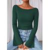 imagePRETTYGARDEN Womens Long Sleeve Shirts 2026 Spring Crop Going Out Tops Casual Boat Neck Bell Sleeve Ribbed Ruched Y2K ClothesDark Green