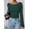 imagePRETTYGARDEN Womens Long Sleeve Shirts 2026 Spring Crop Going Out Tops Casual Boat Neck Bell Sleeve Ribbed Ruched Y2K ClothesDark Green