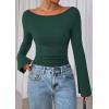 imagePRETTYGARDEN Womens Long Sleeve Shirts 2026 Spring Crop Going Out Tops Casual Boat Neck Bell Sleeve Ribbed Ruched Y2K ClothesDark Green