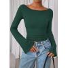 imagePRETTYGARDEN Womens Long Sleeve Shirts 2026 Spring Crop Going Out Tops Casual Boat Neck Bell Sleeve Ribbed Ruched Y2K ClothesDark Green