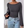 imagePRETTYGARDEN Womens Long Sleeve Shirts 2026 Spring Crop Going Out Tops Casual Boat Neck Bell Sleeve Ribbed Ruched Y2K ClothesDark Grey