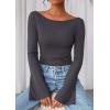 imagePRETTYGARDEN Womens Long Sleeve Shirts 2026 Spring Crop Going Out Tops Casual Boat Neck Bell Sleeve Ribbed Ruched Y2K ClothesDark Grey