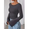 imagePRETTYGARDEN Womens Long Sleeve Shirts 2026 Spring Crop Going Out Tops Casual Boat Neck Bell Sleeve Ribbed Ruched Y2K ClothesDark Grey