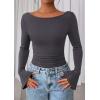 imagePRETTYGARDEN Womens Long Sleeve Shirts 2026 Spring Crop Going Out Tops Casual Boat Neck Bell Sleeve Ribbed Ruched Y2K ClothesDark Grey