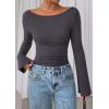 imagePRETTYGARDEN Womens Long Sleeve Shirts 2026 Spring Crop Going Out Tops Casual Boat Neck Bell Sleeve Ribbed Ruched Y2K ClothesDark Grey