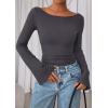 imagePRETTYGARDEN Womens Long Sleeve Shirts 2026 Spring Crop Going Out Tops Casual Boat Neck Bell Sleeve Ribbed Ruched Y2K ClothesDark Grey