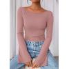 imagePRETTYGARDEN Womens Long Sleeve Shirts 2026 Spring Crop Going Out Tops Casual Boat Neck Bell Sleeve Ribbed Ruched Y2K ClothesDusty Pink