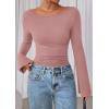 imagePRETTYGARDEN Womens Long Sleeve Shirts 2026 Spring Crop Going Out Tops Casual Boat Neck Bell Sleeve Ribbed Ruched Y2K ClothesDusty Pink