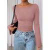 imagePRETTYGARDEN Womens Long Sleeve Shirts 2026 Spring Crop Going Out Tops Casual Boat Neck Bell Sleeve Ribbed Ruched Y2K ClothesDusty Pink