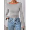imagePRETTYGARDEN Womens Long Sleeve Shirts 2026 Spring Crop Going Out Tops Casual Boat Neck Bell Sleeve Ribbed Ruched Y2K ClothesGrey