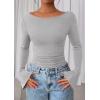 imagePRETTYGARDEN Womens Long Sleeve Shirts 2026 Spring Crop Going Out Tops Casual Boat Neck Bell Sleeve Ribbed Ruched Y2K ClothesGrey