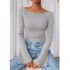 imagePRETTYGARDEN Womens Long Sleeve Shirts 2026 Spring Crop Going Out Tops Casual Boat Neck Bell Sleeve Ribbed Ruched Y2K ClothesGrey