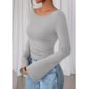 imagePRETTYGARDEN Womens Long Sleeve Shirts 2026 Spring Crop Going Out Tops Casual Boat Neck Bell Sleeve Ribbed Ruched Y2K ClothesGrey