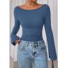 imagePRETTYGARDEN Womens Long Sleeve Shirts 2026 Spring Crop Going Out Tops Casual Boat Neck Bell Sleeve Ribbed Ruched Y2K ClothesGrey Blue