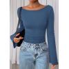 imagePRETTYGARDEN Womens Long Sleeve Shirts 2026 Spring Crop Going Out Tops Casual Boat Neck Bell Sleeve Ribbed Ruched Y2K ClothesGrey Blue